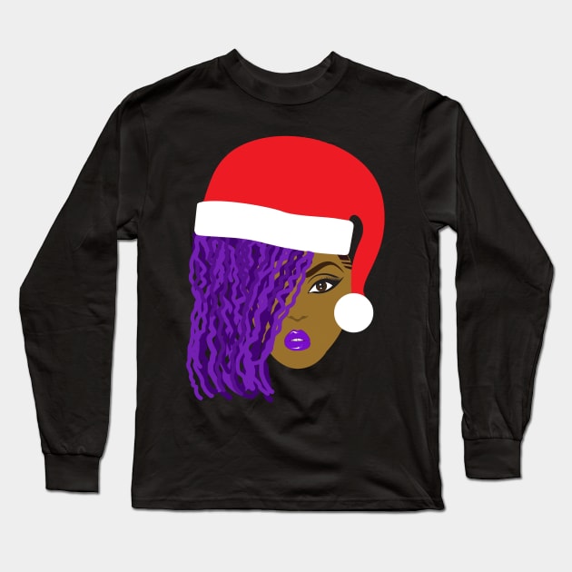 Purple Locs Santa Hat Black Girl Long Sleeve T-Shirt by blackartmattersshop